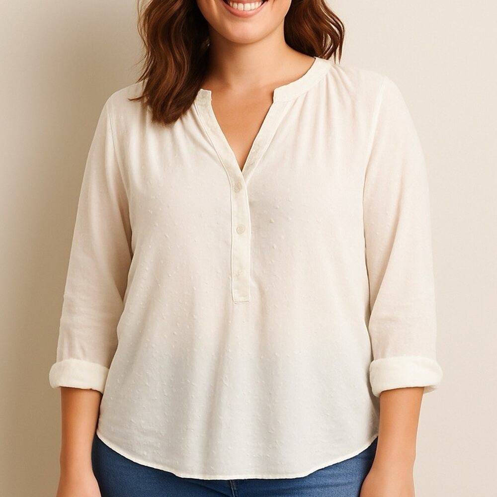 LOFT XL White Swiss Dot Blouse Cottagecore Peasant Top, Preppy Coastal Chic